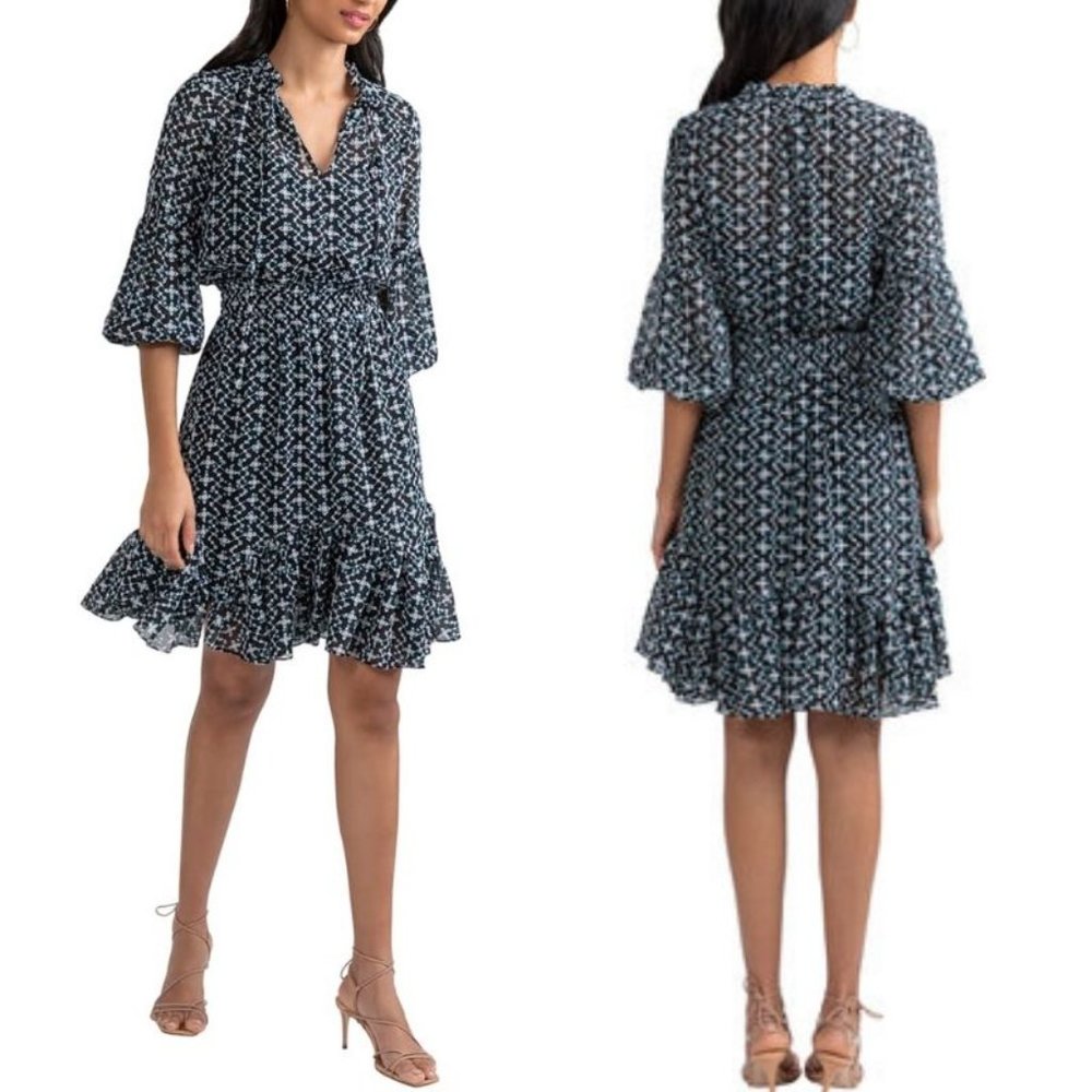Shoshanna Mira Tie-Neck Ruffle-Hem Polka Dot Printed Eyelet Dress $398 NWOT